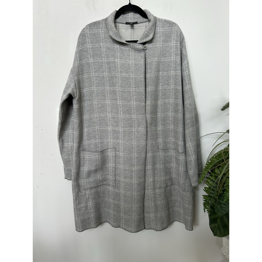 Eileen Fisher XL Check Wool Coatigan Gray Plaid High Collar Long Sweater Jacket